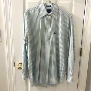 Faconnable Men’s Striped Blue Green White Cotton Button Up Shirt Large